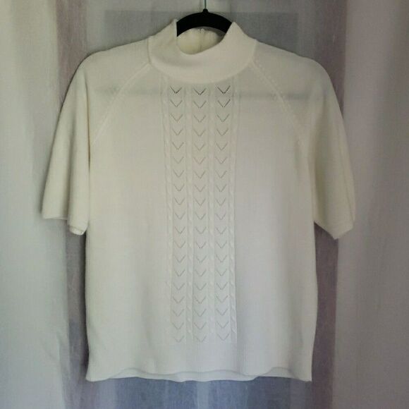 Koret Short Sleeve Sweater Ivory White Back Zipper Preppy Academia Size M - Picture 1 of 10